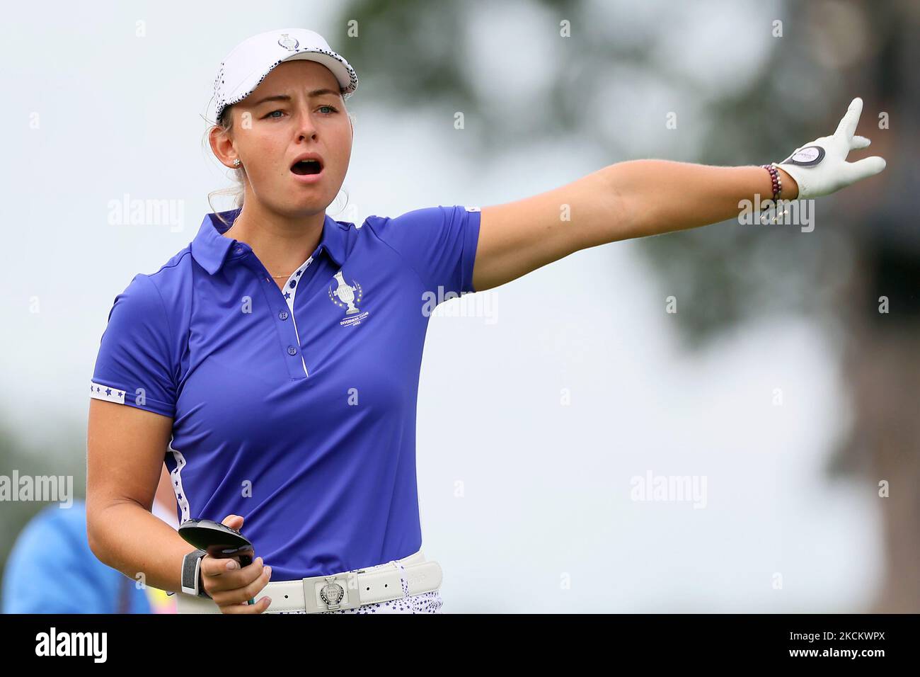 Emily Kristine Pedersen of Team Europe follows her shot from the eighth tee during the Solheim Cup at Inverness Club, in Toledo, Ohio, USA, on Saturday, September 4, 2021. (Photo by Amy Lemus/NurPhoto) Stock Photo