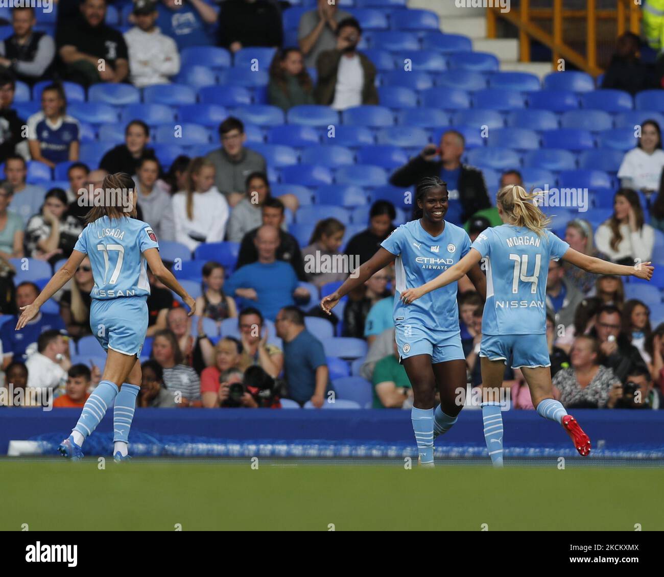 Khadija Shaw and team-mates of Man City Women celebrate scoring during the Barclays FA Women's Super League between Everton Women and Manchester City at Goodison Park Stadium, Liverpool UK on 04th September 2021 (Photo by Action Foto Sport/NurPhoto) Stock Photo