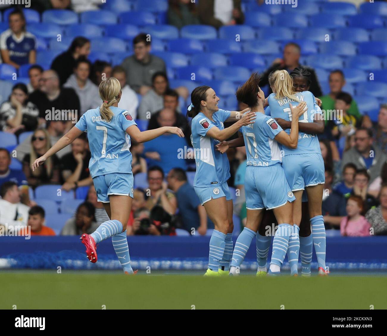 Khadija Shaw and team-mates of Man City Women celebrate scoring during the Barclays FA Women's Super League between Everton Women and Manchester City at Goodison Park Stadium, Liverpool UK on 04th September 2021 (Photo by Action Foto Sport/NurPhoto) Stock Photo