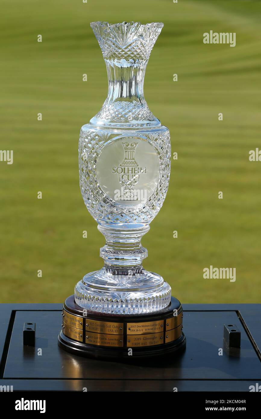 The Solheim Cup trophy on the first tee box during the morning foursomes matches of the 2021