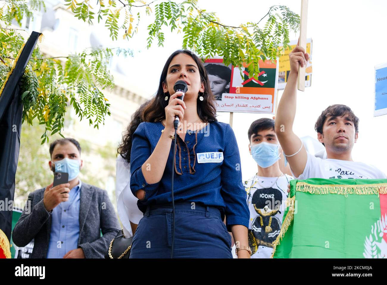 Noemie Madar from the Union of Jewish Students of France spoke at the rally for the Afghans, in Paris, France, on September 5, 2021. (Photo by Vincent Koebel/NurPhoto) Stock Photo