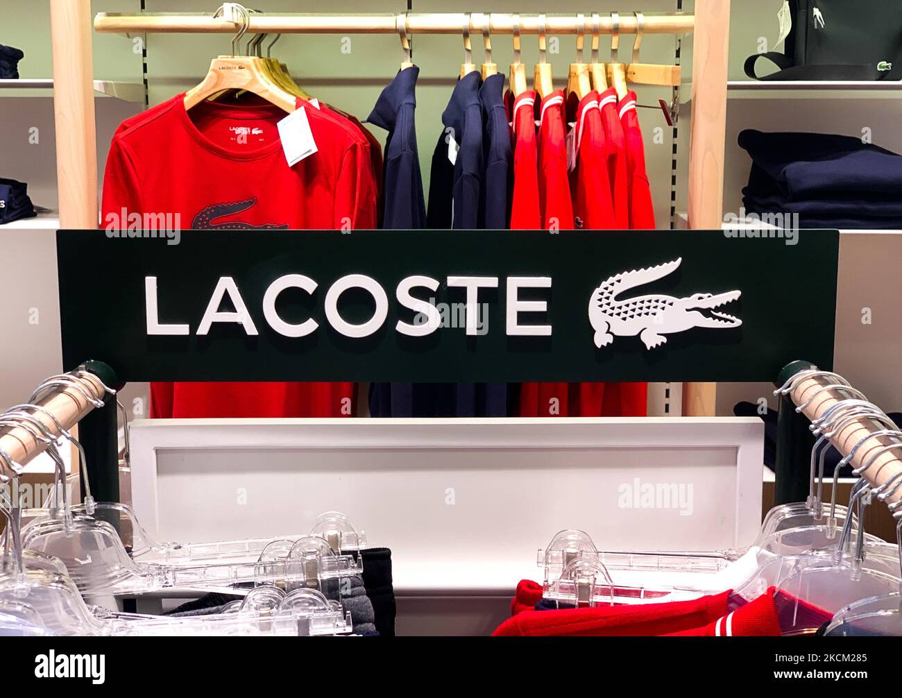 Lacoste logo is seen in a store in Krakow, Poland on August 31, 2021. (Photo by Jakub Porzycki/NurPhoto) Stock Photo