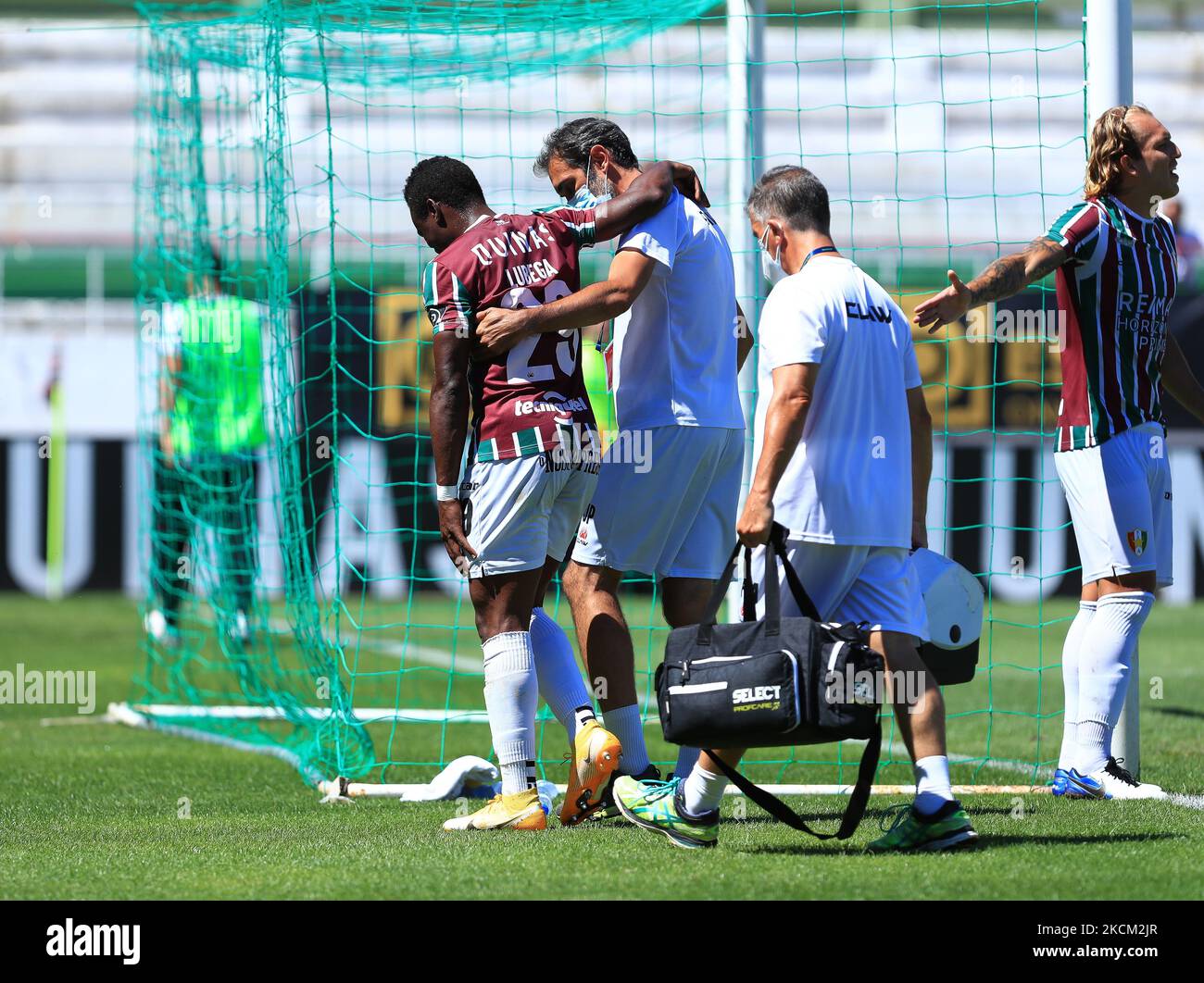 Edrisa Lubega of Estrela Amadora SAD injury during the Liga Portugal 2 ...
