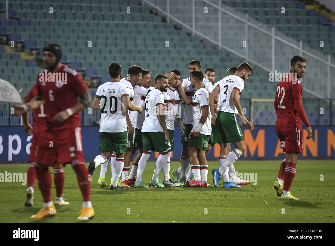 Bulgarian players celebrating after scoring against Georgia during