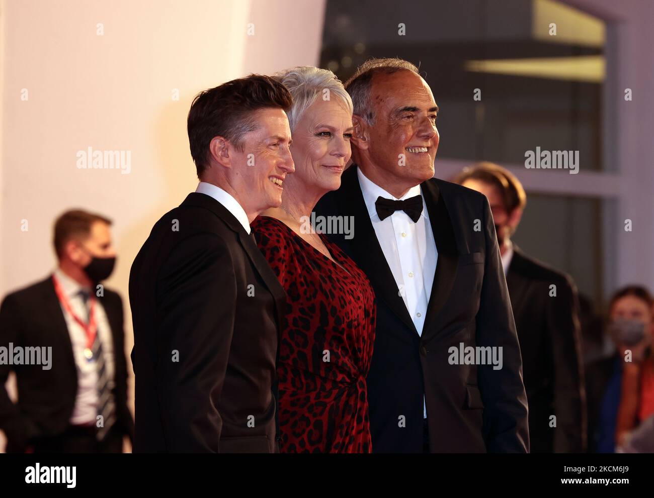 Jamie Lee Curtis, David Gordon Green, Alberto Barbera attends the red carpet of the movie 'Halloween Kills' during the 78th Venice International Film Festival on September 08, 2021 in Venice, Italy. (Photo by Matteo Chinellato/NurPhoto) Stock Photo