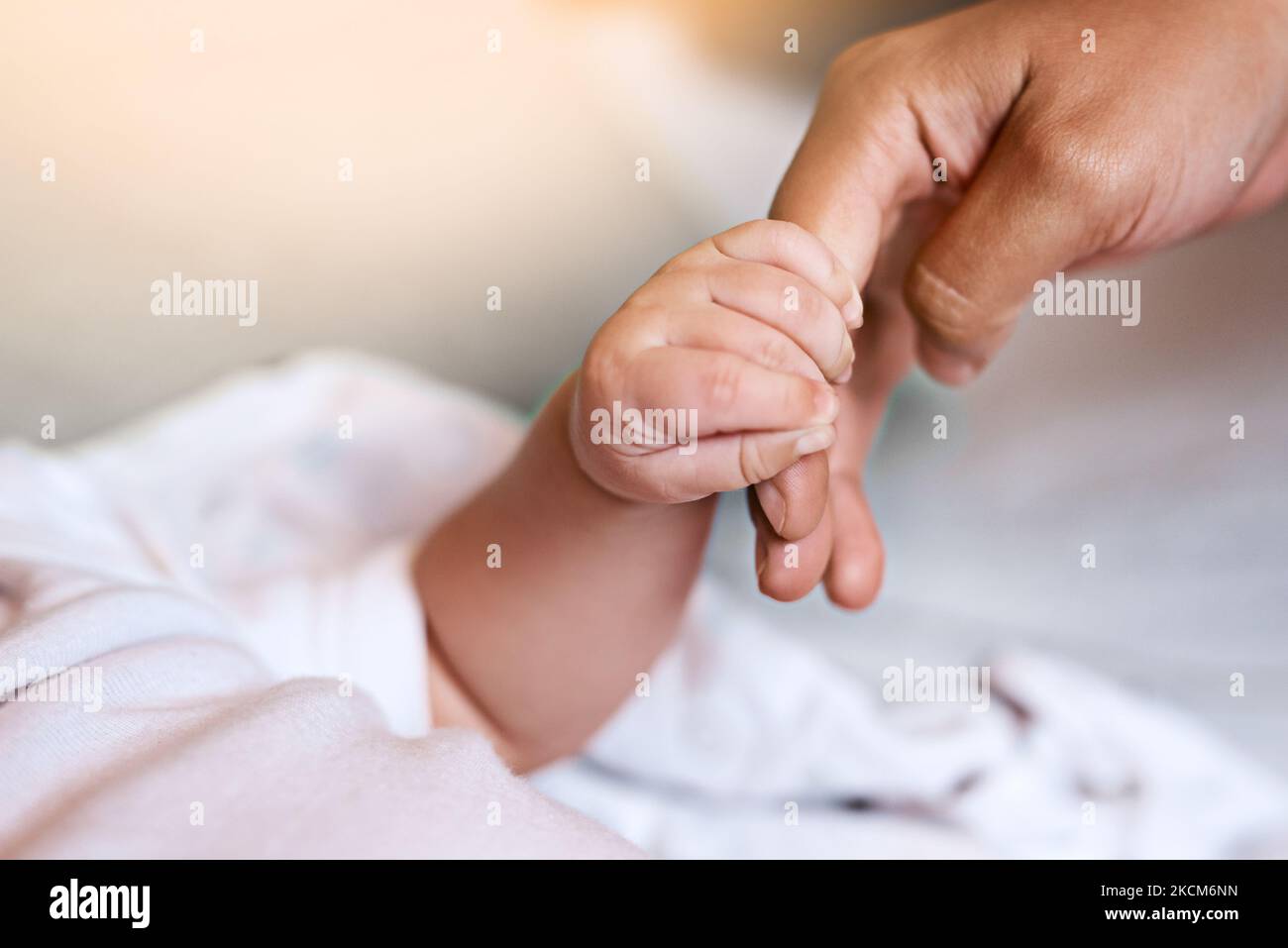 When a baby grips your finger, priceless. mother holding her newborn babys hand. Stock Photo