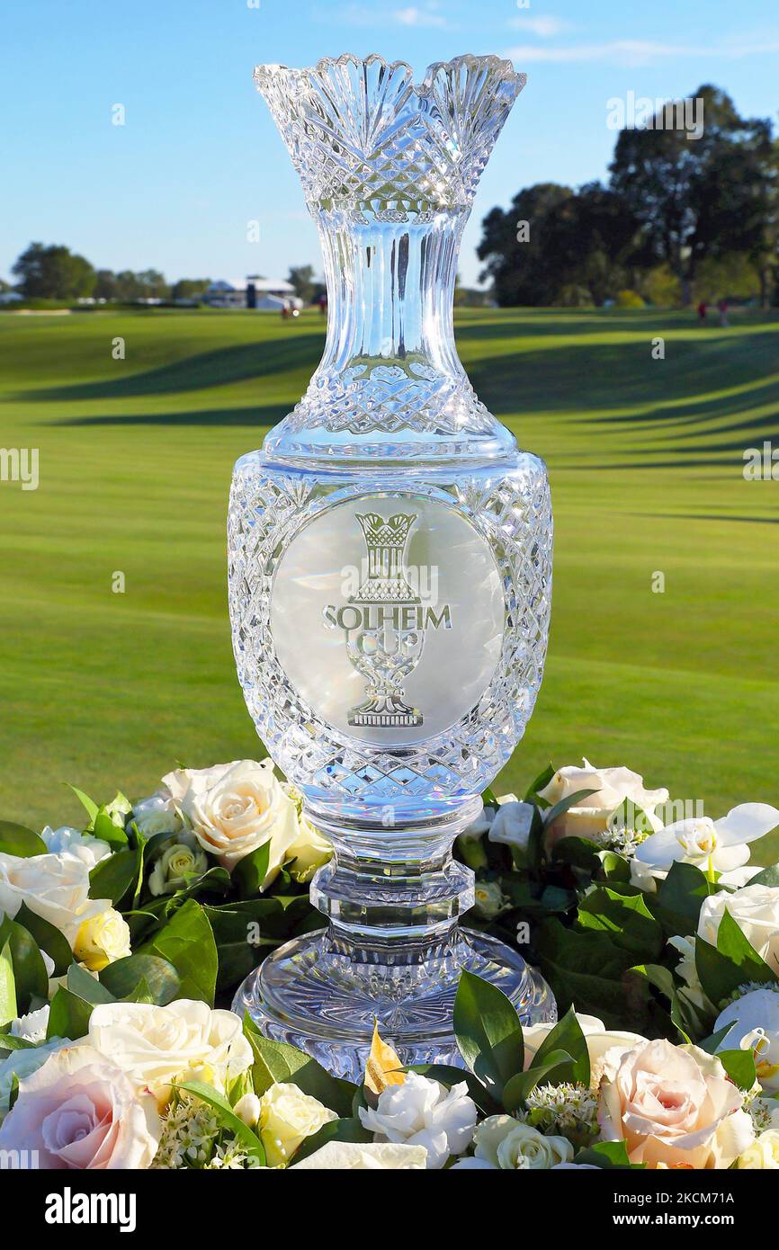The Solheim Cup trophy is ready for the closing ceremonies at the conclusion of the final round of the Solheim Cup at Inverness Club, in Toledo, Ohio, USA, on Monday, September 6, 2021. (Photo by Amy Lemus/NurPhoto) Stock Photo