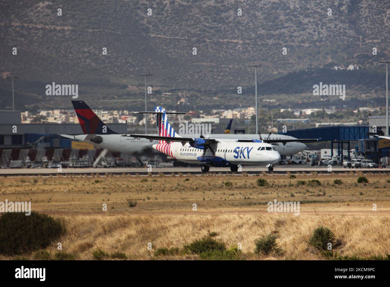 A new Sky Express ATR 72-600 turboprop aircraft with registration SX-ELV as seen departing from Athens International Airport ATH LGAV. SkyExpress is Greek regional airline that is developing recently with modern fuel saving aircraft such as the ATR 72-600 which is ideal for the Greek island with the short runways for take off and landing and Airbus A320neo. On 9 and 10 September this aircraft flew from Athens to Dublin a 6 hours non stop flight, without passengers, exceeding its official range with passengers. Passenger traffic has declined due to the Covid-19 Coronavirus pandemic that affecte Stock Photo