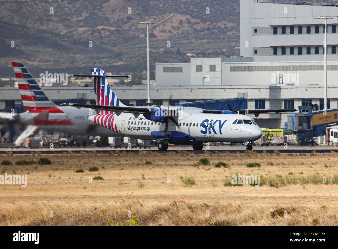 A new Sky Express ATR 72-600 turboprop aircraft with registration SX-ELV as seen departing from Athens International Airport ATH LGAV. SkyExpress is Greek regional airline that is developing recently with modern fuel saving aircraft such as the ATR 72-600 which is ideal for the Greek island with the short runways for take off and landing and Airbus A320neo. On 9 and 10 September this aircraft flew from Athens to Dublin a 6 hours non stop flight, without passengers, exceeding its official range with passengers. Passenger traffic has declined due to the Covid-19 Coronavirus pandemic that affecte Stock Photo