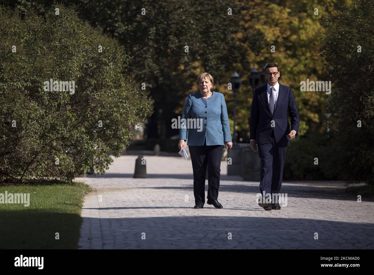 Angela Merkel and Mateusz Morawiecki seen during her visit in Warsaw on September 11, 2021. (Photo by Maciej Luczniewski/NurPhoto) Stock Photo