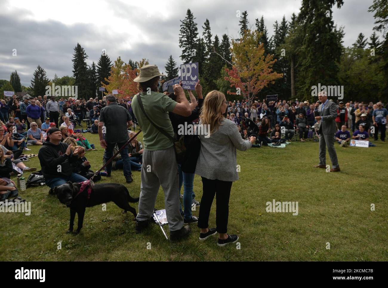 Local supporters of the People's Party of Canada seen in front of a counter-protester who is filming with his mobile phone during Maxime Bernier's address at an election rally in Borden Park, Edmonton, AB. On Saturday, 11 September 2021, in Edmonton, Alberta, Canada. (Photo by Artur Widak/NurPhoto) Stock Photo