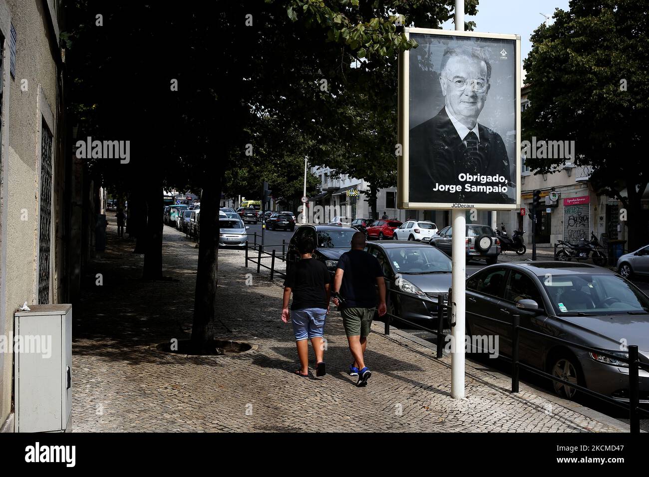 An advertisement saying 'Thank you Jorge Sampaio' is seen in Lisbon, Portugal, on September 12, 2021. Thousands paid their respects today, the second of three days of national mourning, to Jorge Sampaio who served as president from 1996 to 2006, and died on September 10, at the age of 81. (Photo by Pedro FiÃºza/NurPhoto) Stock Photo