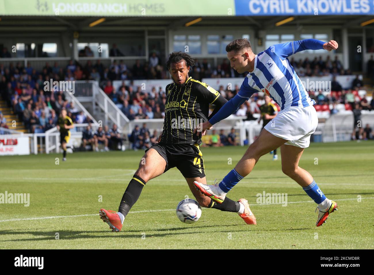 Luke Molyneux of Hartlepool United in action with Bristol Rovers' Josh Grant during the Sky Bet League 2 match between Hartlepool United and Bristol Rovers at Victoria Park, Hartlepool, UK on 11th September 2021. (Photo by Mark Fletcher/MI News/NurPhoto) Stock Photo