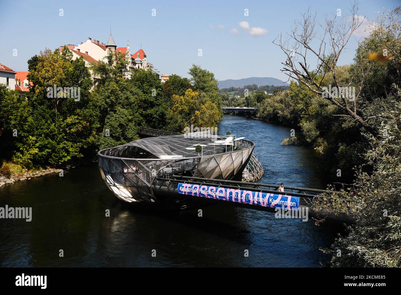 The Murinsel, artificial island on the Mur river in Graz, Austria on September 11, 2021. (Photo by Jakub Porzycki/NurPhoto) Stock Photo
