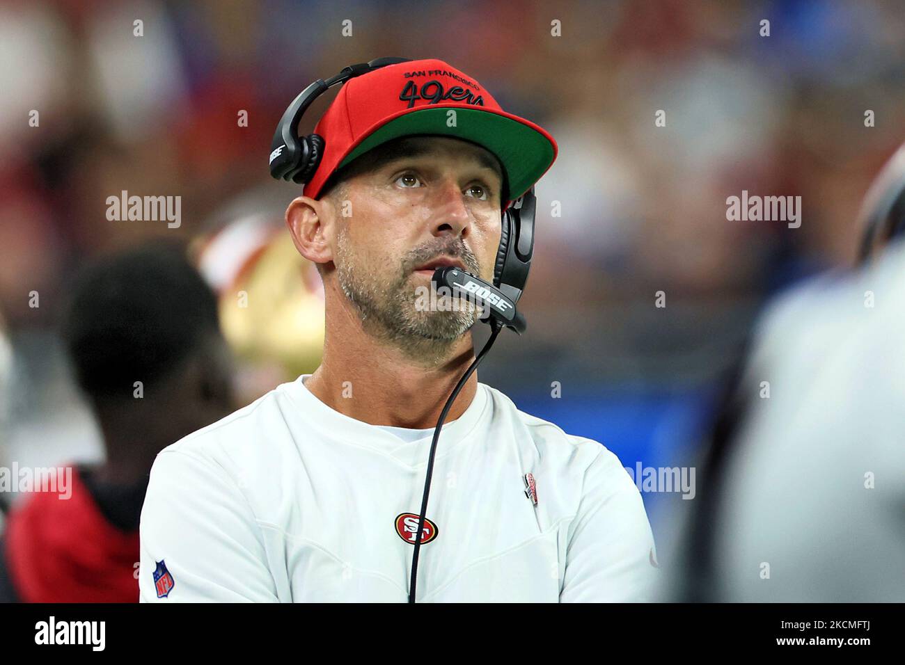 San Francisco 49ers head coach Kyle Shanahan watches the play during an NFL football game between the Detroit Lions and the San Francisco 49ers in Detroit, Michigan USA, on Sunday, September 12, 2021. (Photo by Amy Lemus/NurPhoto) Stock Photo