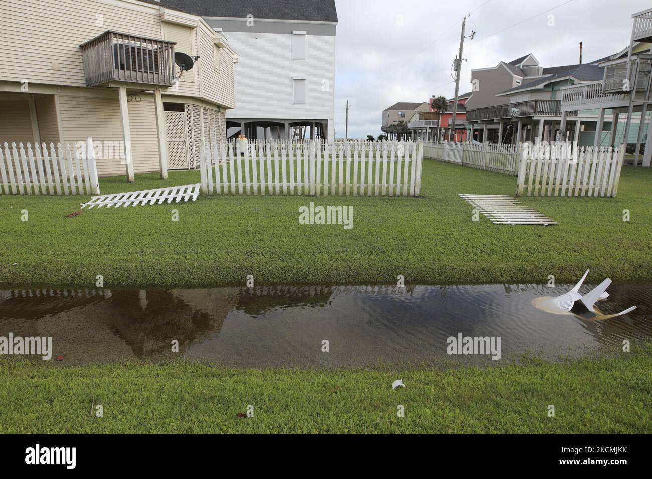 Damage is seen in Pirates Beach, a neighborhood on the west side of the island. September 14th, 2021, Galveston, Texas. (Photo by Reginald Mathalone/NurPhoto) Stock Photo