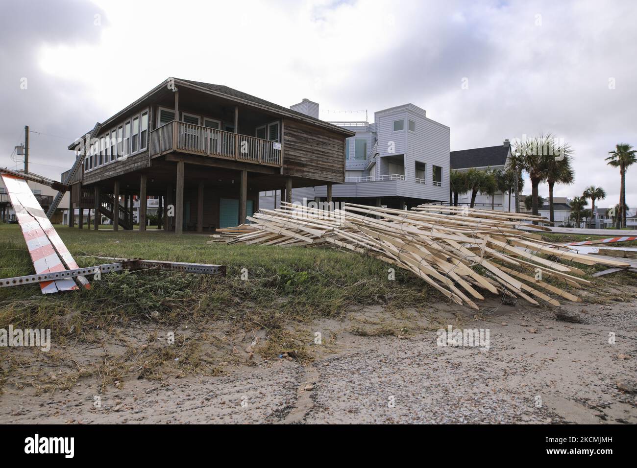 Damage is seen in Pirate's Beach on Galveston Island on September 14th, 2021. (Photo by Reginald Mathalone/NurPhoto) Stock Photo