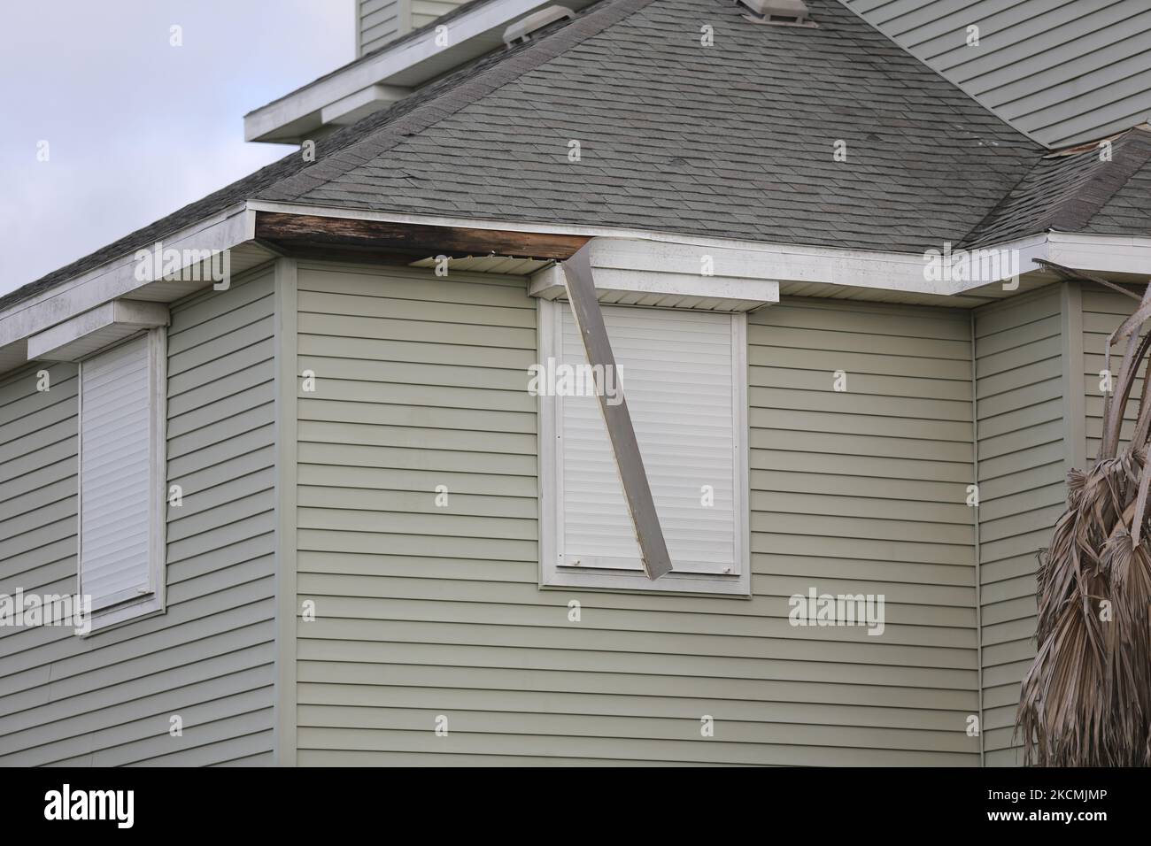 Damage is seen in Pirate's Beach on Galveston Island on September 14th, 2021. (Photo by Reginald Mathalone/NurPhoto) Stock Photo