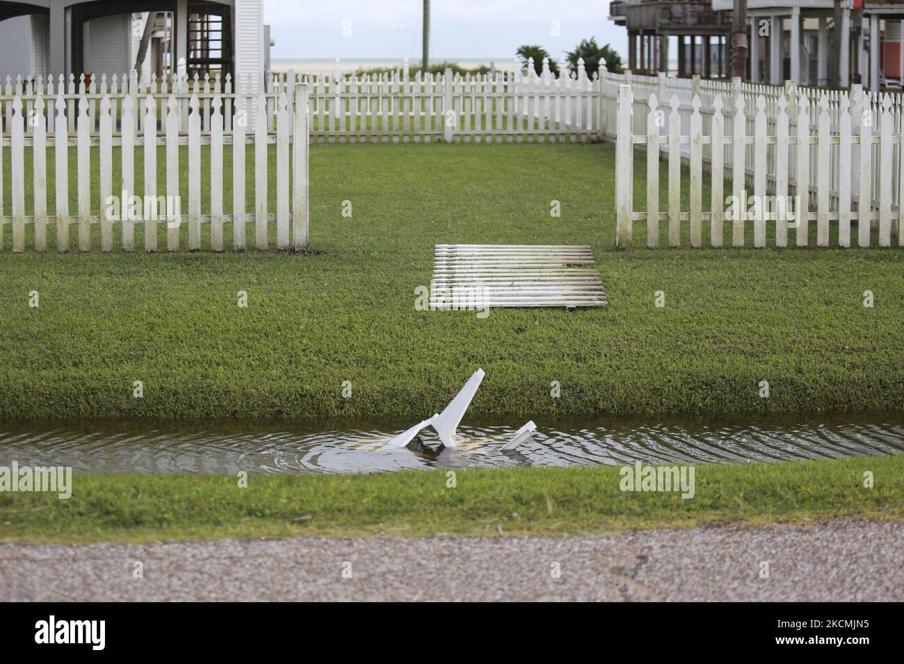 Damage is seen in Pirate's Beach on Galveston Island on September 14th, 2021. (Photo by Reginald Mathalone/NurPhoto) Stock Photo