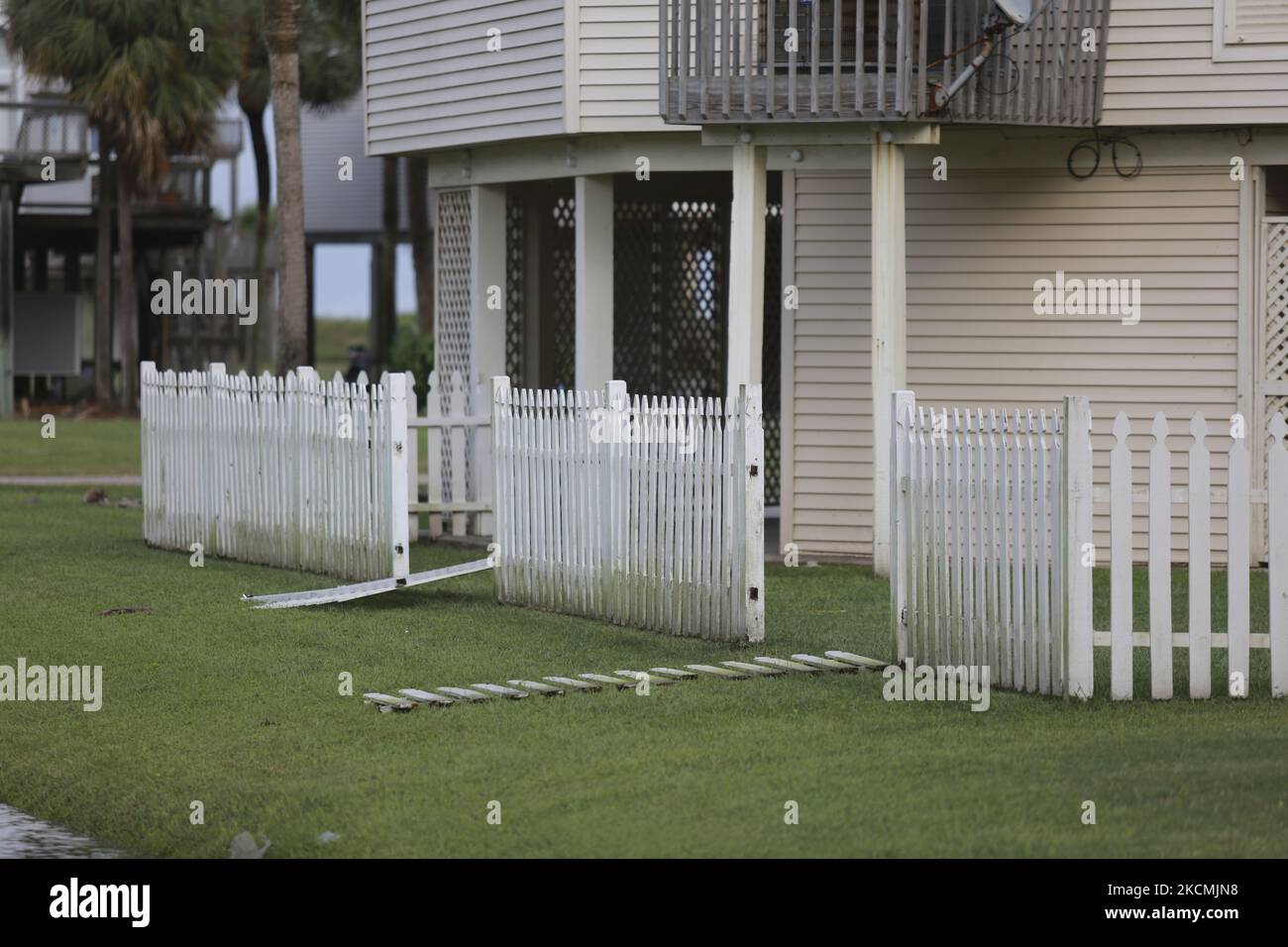 Damage is seen in Pirate's Beach on Galveston Island on September 14th, 2021. (Photo by Reginald Mathalone/NurPhoto) Stock Photo