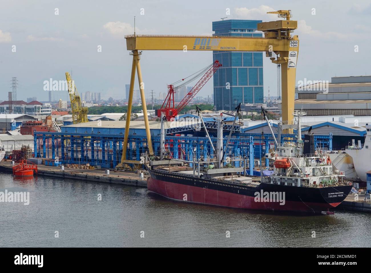 Industrial tanker ship docked and under repair in PAL Surabaya, Indonesia on August 2022 Stock Photo