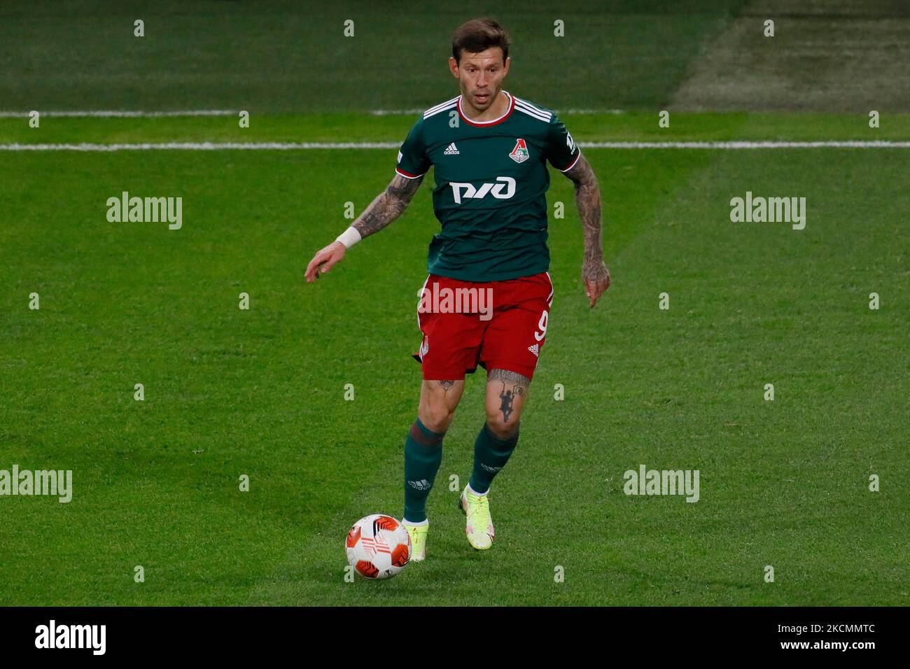 Fedor Smolov of Lokomotiv Moscow in action during the UEFA Europa League Group E match between Lokomotiv Moscow and Olympique de Marseille on September 16, 2021 at RZD Arena in Moscow, Russia. (Photo by Mike Kireev/NurPhoto) Stock Photo