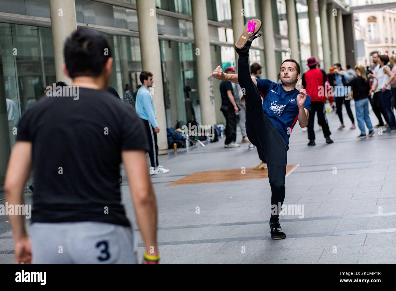 Paris, France on 23 May 2021. Frederic Viana Gomes, a Plumfoot player makes a smash during a freestyle session at the Passage des Jacobins. To date, 4 clubs are active in France: Dunkerque, Paris, Puteaux and Marseille, with about 150 members. Stock Photo