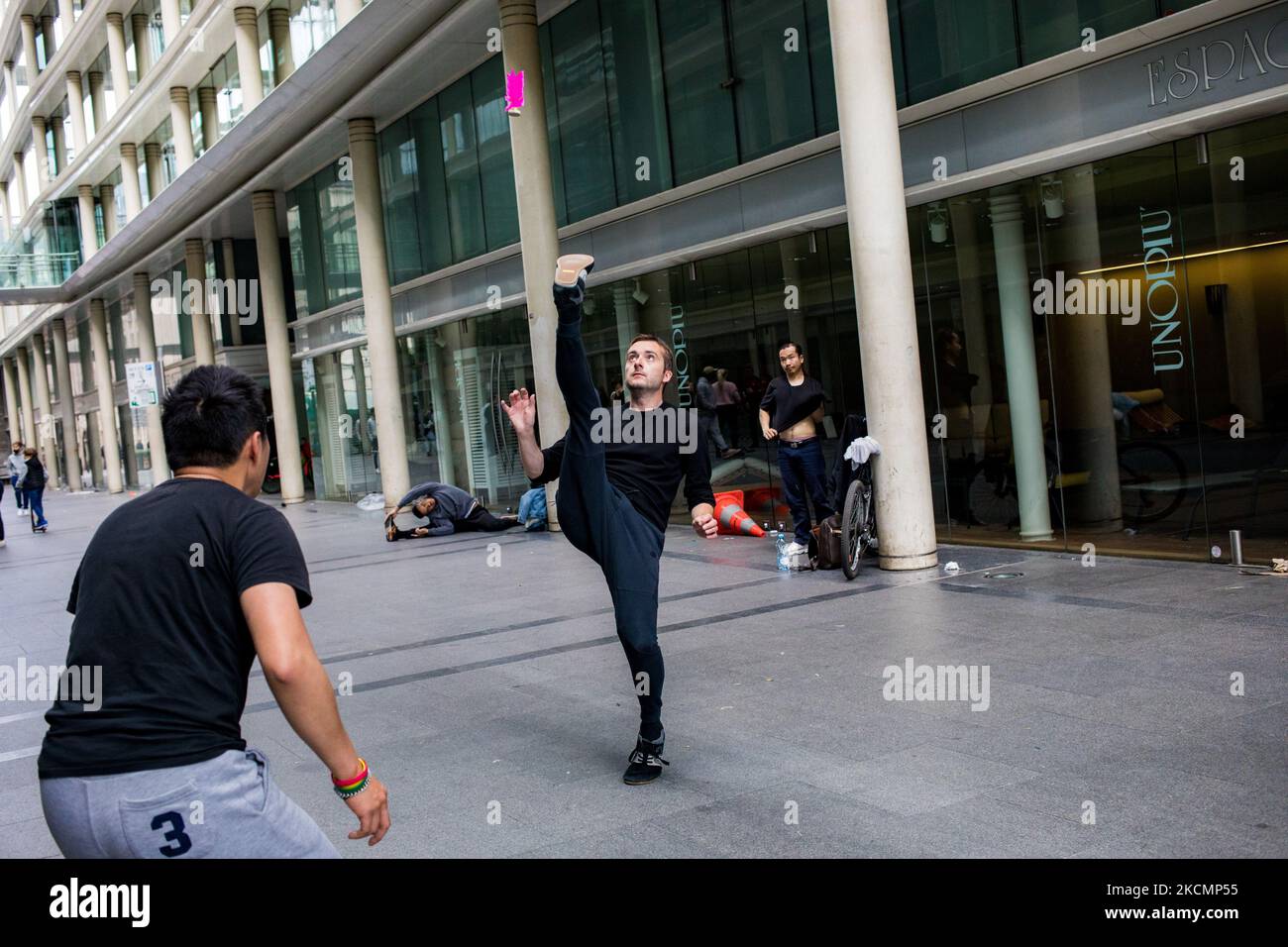 Paris, France on 23 May 2021. Frederic Viana Gomes, a Plumfoot player makes a smash during a freestyle session at the Passage des Jacobins. To date, 4 clubs are active in France: Dunkerque, Paris, Puteaux and Marseille, with about 150 members. Stock Photo