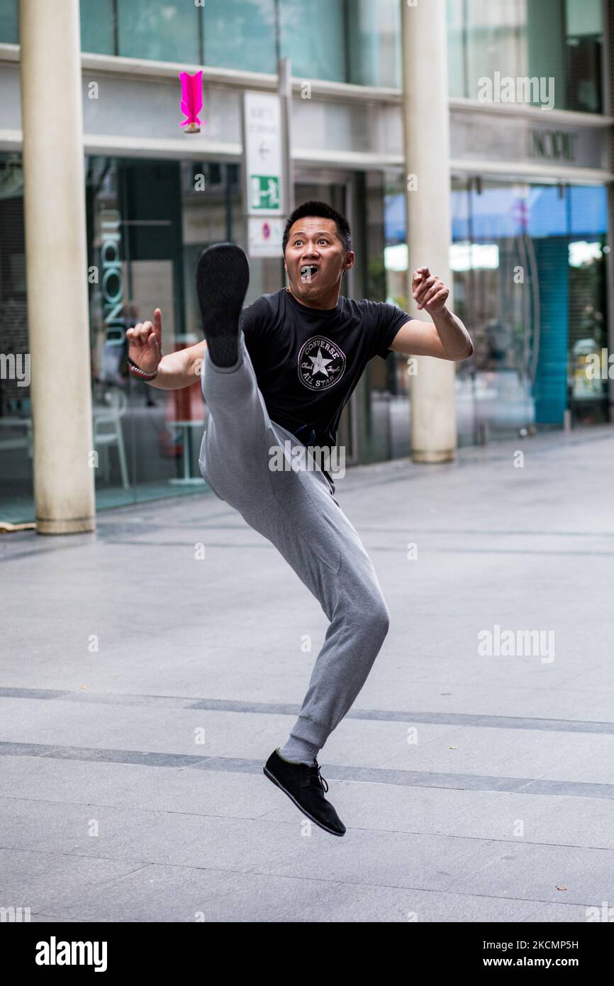 Paris, France on 23 May 2021. Trung Nguyen, a french Plumfoot player makes a smash during a freestyle session at the Passage des Jacobins. To date, 4 clubs are active in France: Dunkerque, Paris, Puteaux and Marseille, with about 150 members. Stock Photo