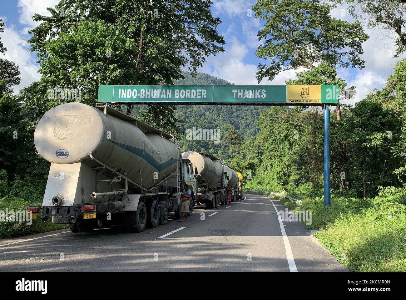 Indian trucks are parked at IndoBhutan border as they are waiting for