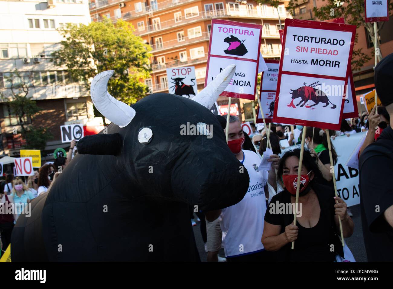Anti-bullfighting demonstration for the abolition of bullfighting in front of the Las Ventas bullring at September 18 2021. The demonstration was organized by the animal rights party PACMA. (Photo by Álvaro Laguna/NurPhoto) Stock Photo