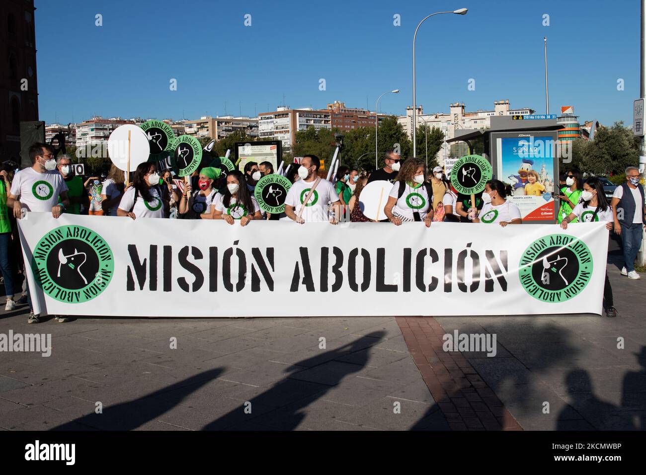 Anti-bullfighting demonstration for the abolition of bullfighting in front of the Las Ventas bullring at September 18 2021. The demonstration was organized by the animal rights party PACMA. (Photo by Álvaro Laguna/NurPhoto) Stock Photo