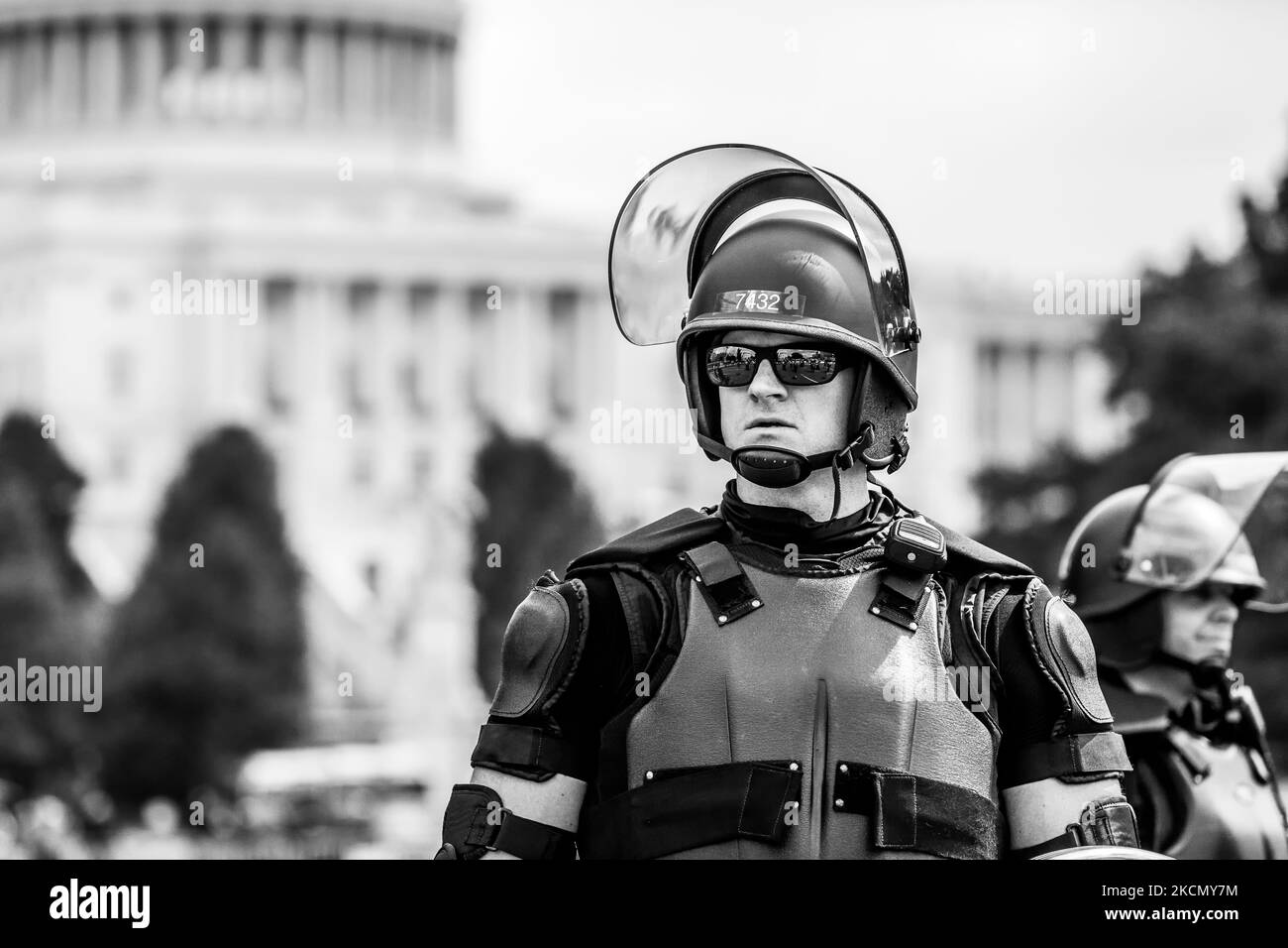 A Capitol Police officer in riot gear is one of hundreds guarding the US Capitol during the Justice for J6 rally hosted by Look Ahead America. The purpose of the rally is to protest detention of what they falsely claim are political prisoners - non-violent protesters charged with crimes committed during the January 6 insurrection. In addition to the event at the Capitol, rallies are taking place in 17 state capitals. (Photo by Allison Bailey/NurPhoto) Stock Photo