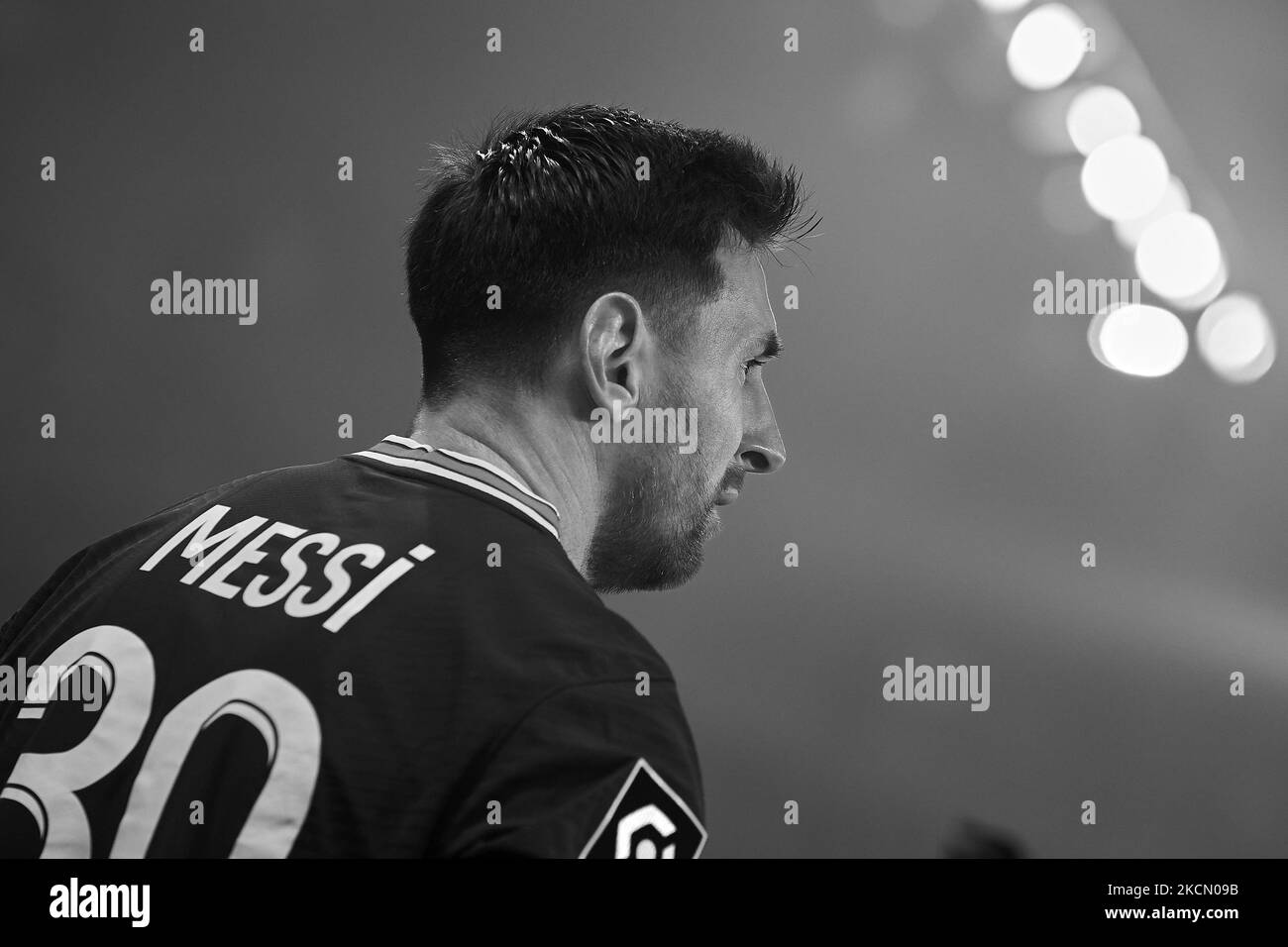 Leo Messi of PSG during the Ligue 1 Uber Eats match between Paris Saint Germain and Lyon at Parc des Princes on September 19, 2021 in Paris, France. (Editors note: this image has been converted to black and white) (Photo by Jose Breton/Pics Action/NurPhoto) Stock Photo