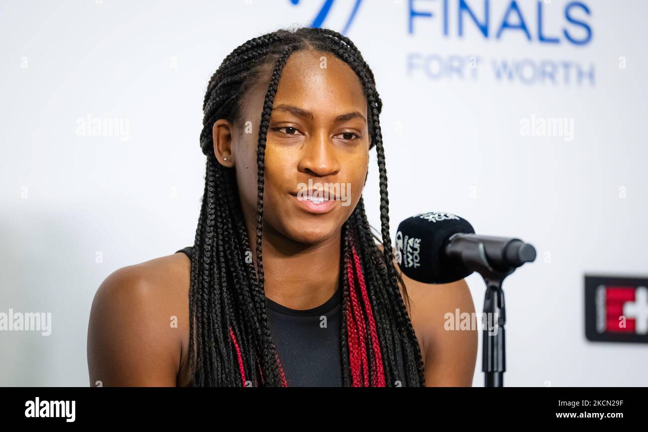 Coco Gauff of the United States talks to the media after her second