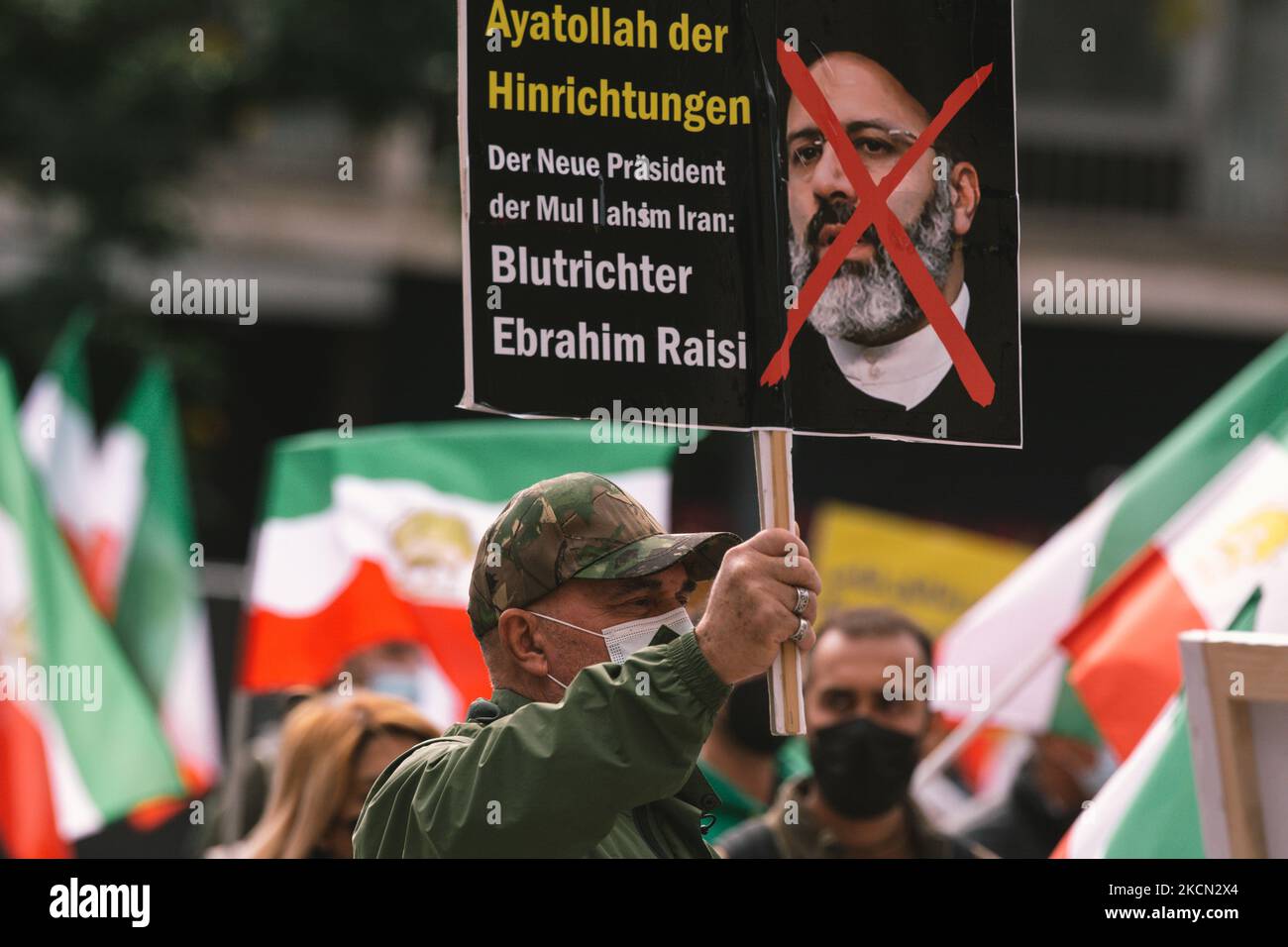 general view of demostration against regime in Tehran at Roncalliplatz in Cologne, Germanz on September 21, 2021 (Photo by Ying Tang/NurPhoto) Stock Photo