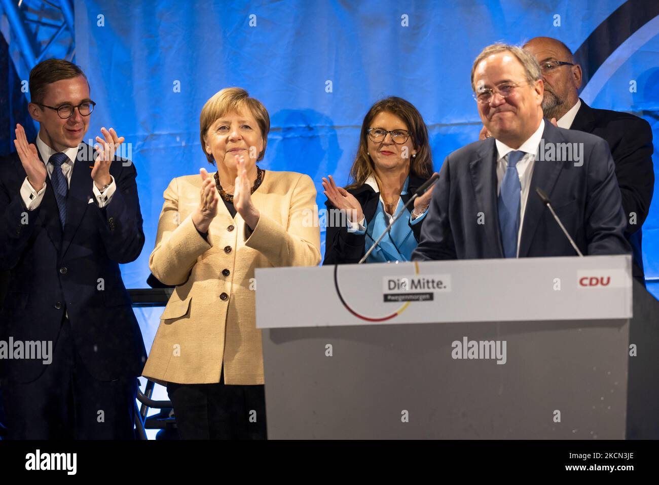 German Chancellor Angela Merkel and chancellor candidate of Germany's conservative Christian Democratic Union (CDU) party Armin Laschet attend a campaign rally in Stralsund, Mecklenburg-Western Pomerania, in Germany on September 21, 2021, a few days before general elections. (Photo by Emmanuele Contini/NurPhoto) Stock Photo