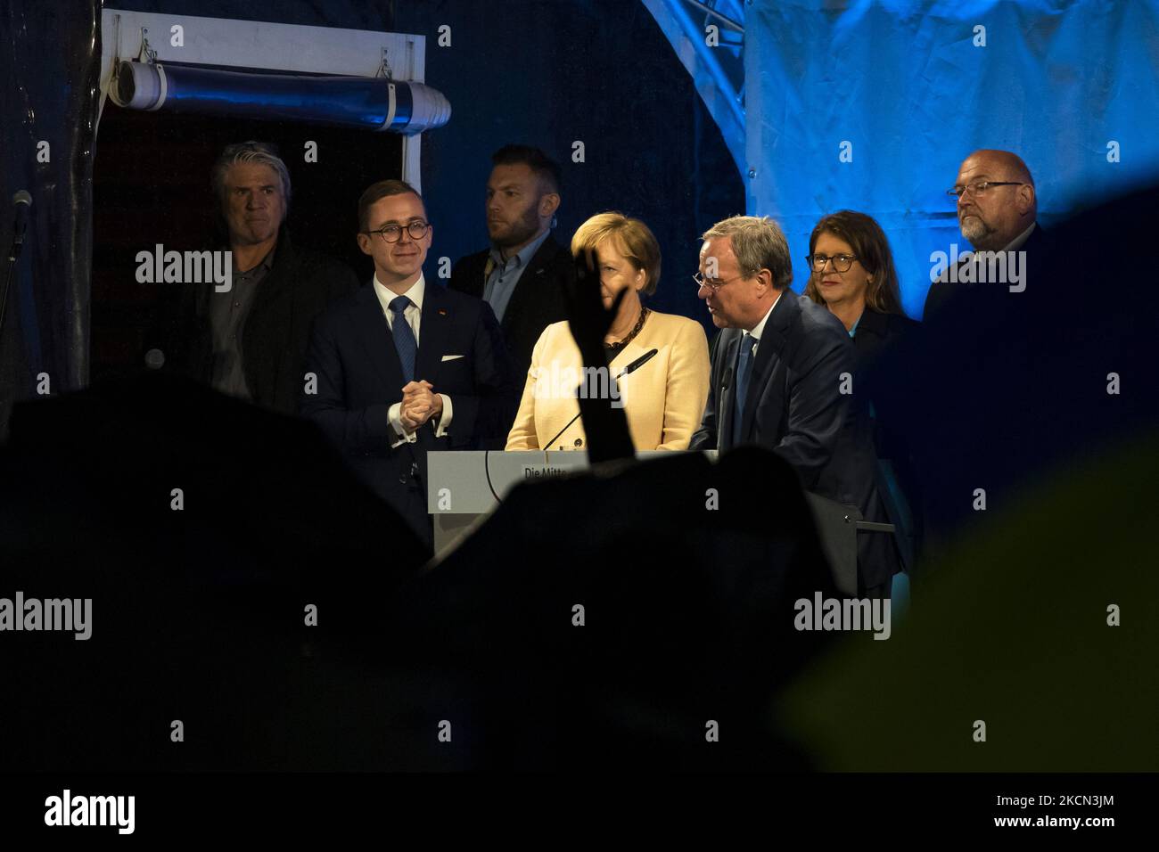 German Chancellor Angela Merkel and chancellor candidate of Germany's conservative Christian Democratic Union (CDU) party Armin Laschet attend a campaign rally in Stralsund, Mecklenburg-Western Pomerania, in Germany on September 21, 2021, a few days before general elections. (Photo by Emmanuele Contini/NurPhoto) Stock Photo