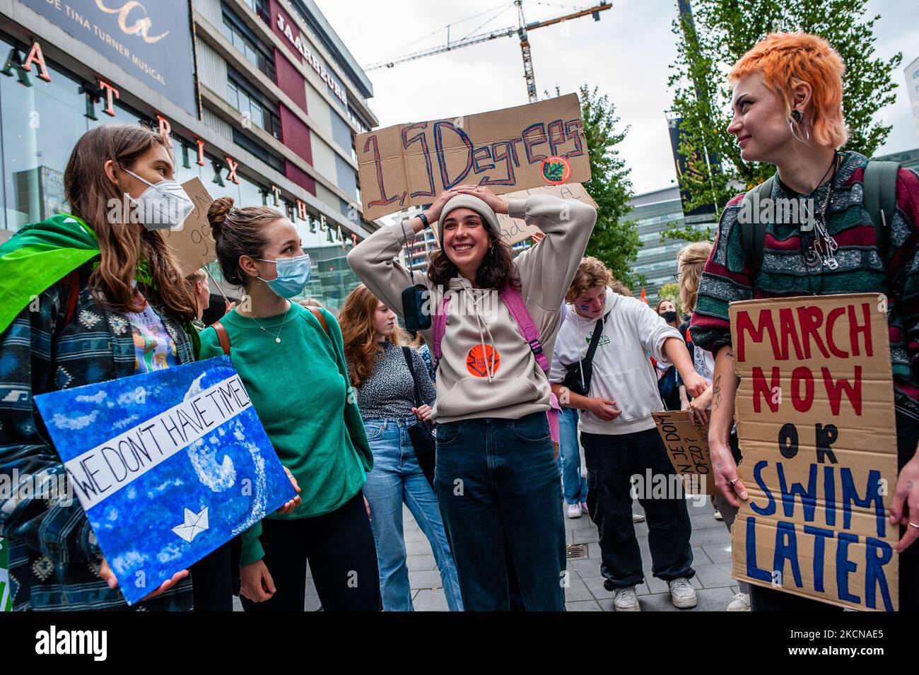 A group of female students are holding placards in support of the planet, during the Global Climate Strike organized in Utrecht, on September 24th, 2021. (Photo by Romy Arroyo Fernandez/NurPhoto) Stock Photo