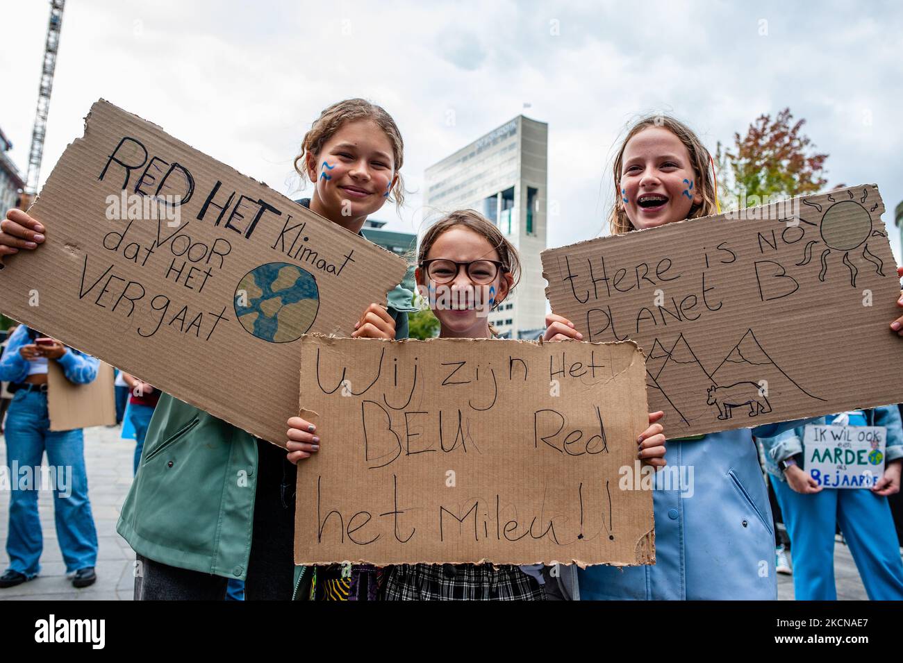 A group of female students are holding placards in support of the planet, during the Global Climate Strike organized in Utrecht, on September 24th, 2021. (Photo by Romy Arroyo Fernandez/NurPhoto) Stock Photo