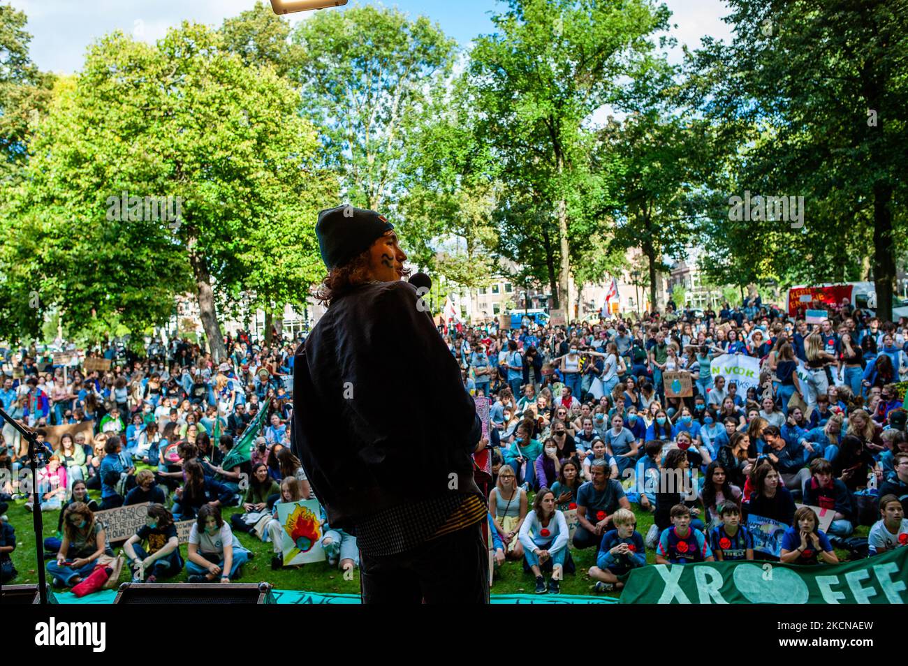 Thousands of people are listening the speeches, during the Global Climate Strike organized in Utrecht, on September 24th, 2021. (Photo by Romy Arroyo Fernandez/NurPhoto) Stock Photo
