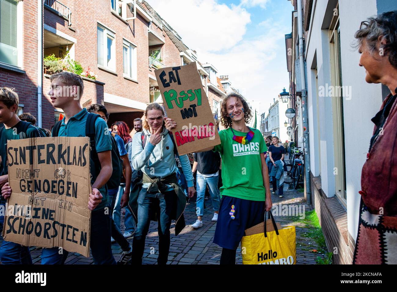 A woman is watching the thousands of people walking with placards against climate change, during the Global Climate Strike organized in Utrecht, on September 24th, 2021. (Photo by Romy Arroyo Fernandez/NurPhoto) Stock Photo