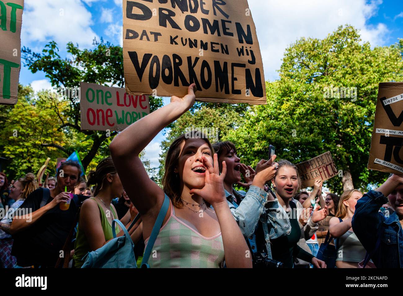 People are shouting slogans against climate change, during the Global Climate Strike organized in Utrecht, on September 24th, 2021. (Photo by Romy Arroyo Fernandez/NurPhoto) Stock Photo