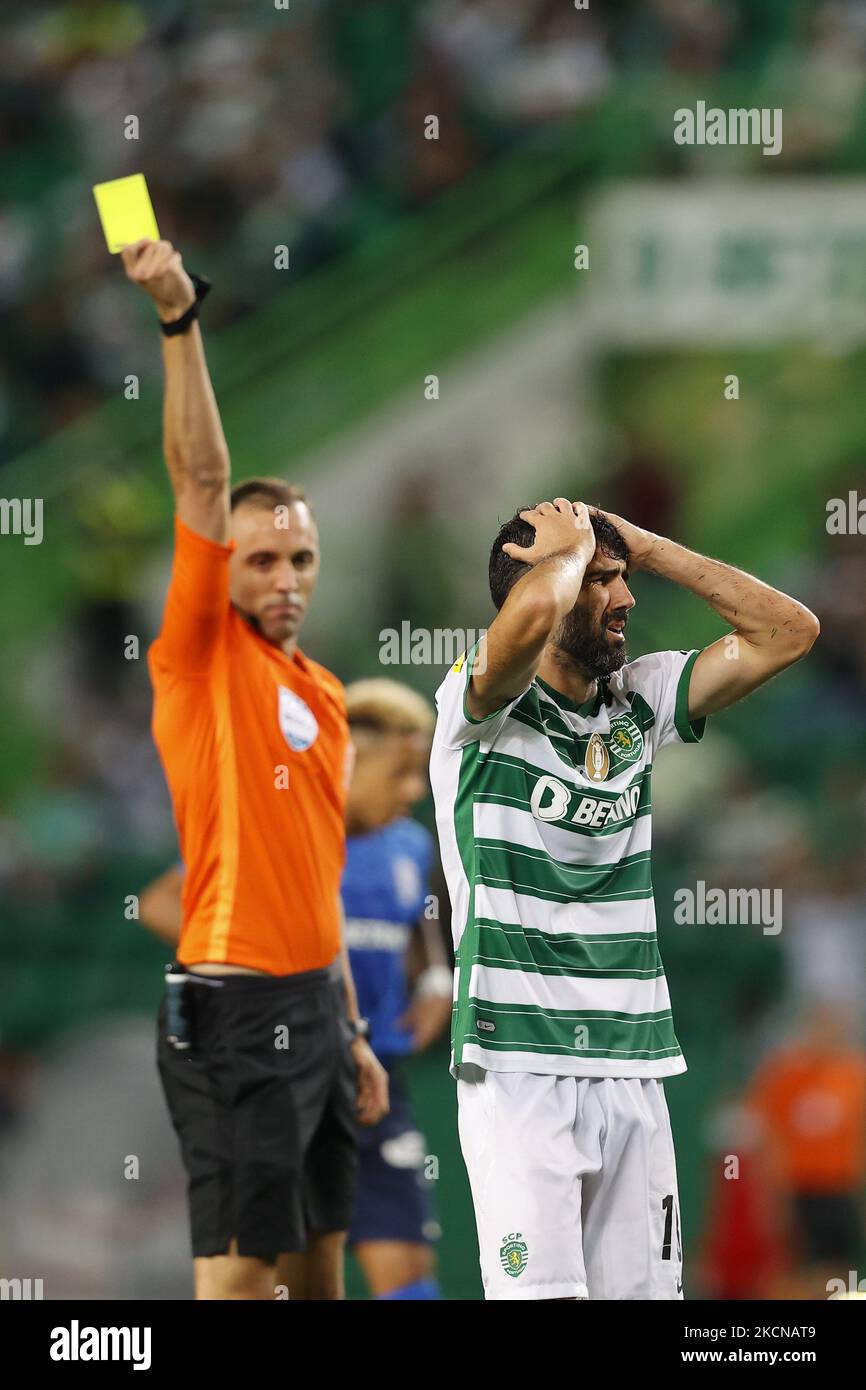 Luis Neto gets a yellow card from referee and looks dejected during the match for Liga BWIN between Sporting CP and Maritimo, at Estádio de José Alvalade, Lisboa, Portugal, 24, September, 2021 (Photo by João Rico/NurPhoto) Stock Photo