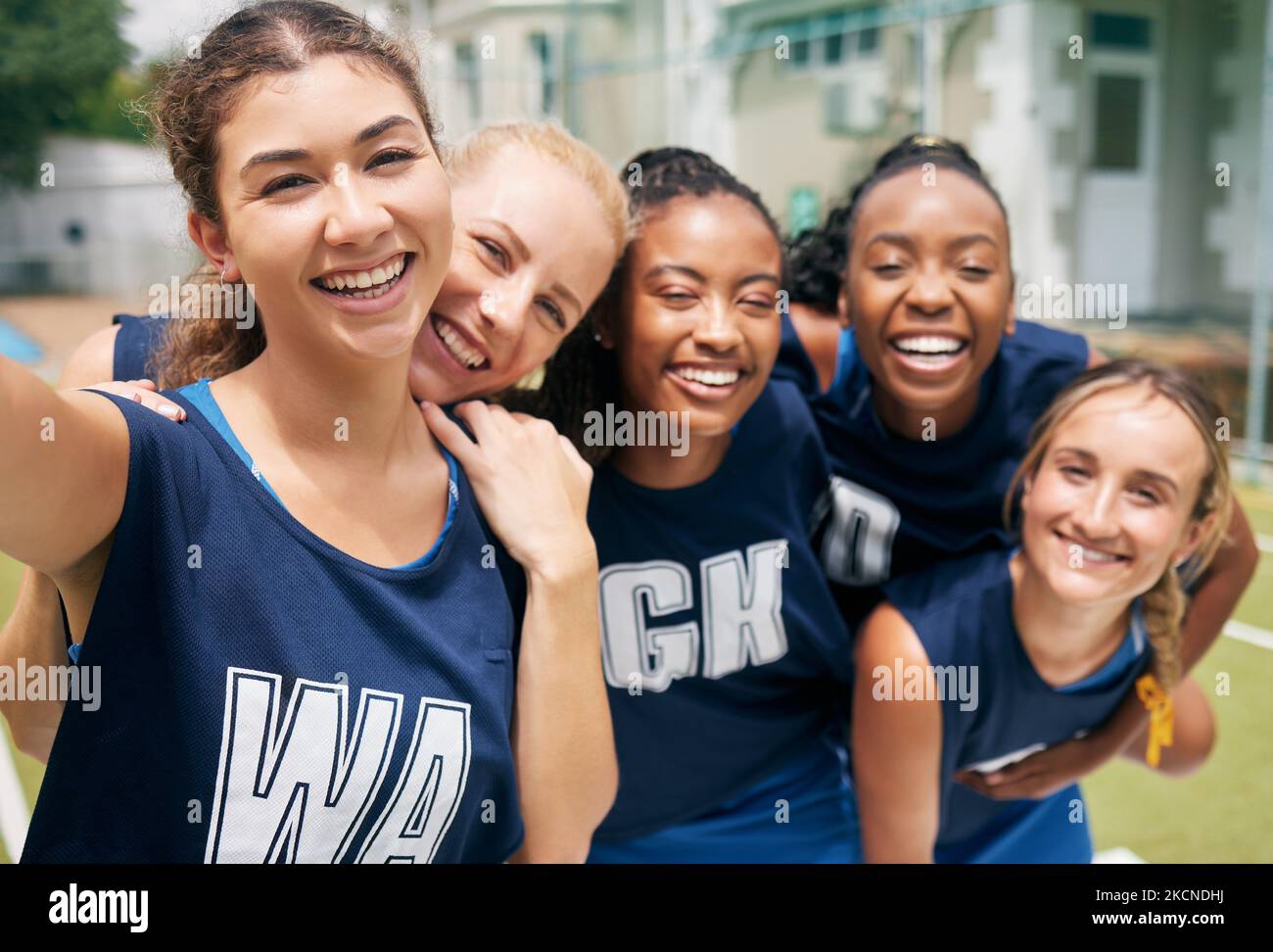Sports, netball team and selfie of women ready for game, match or competition on court outside. Fitness, smile or self portrait of players for happy Stock Photo