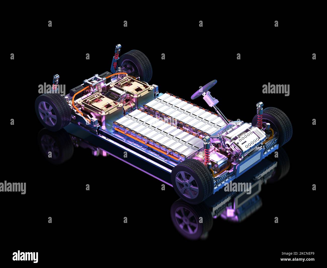 3d rendering electric car with pack of battery cells module on platform ...
