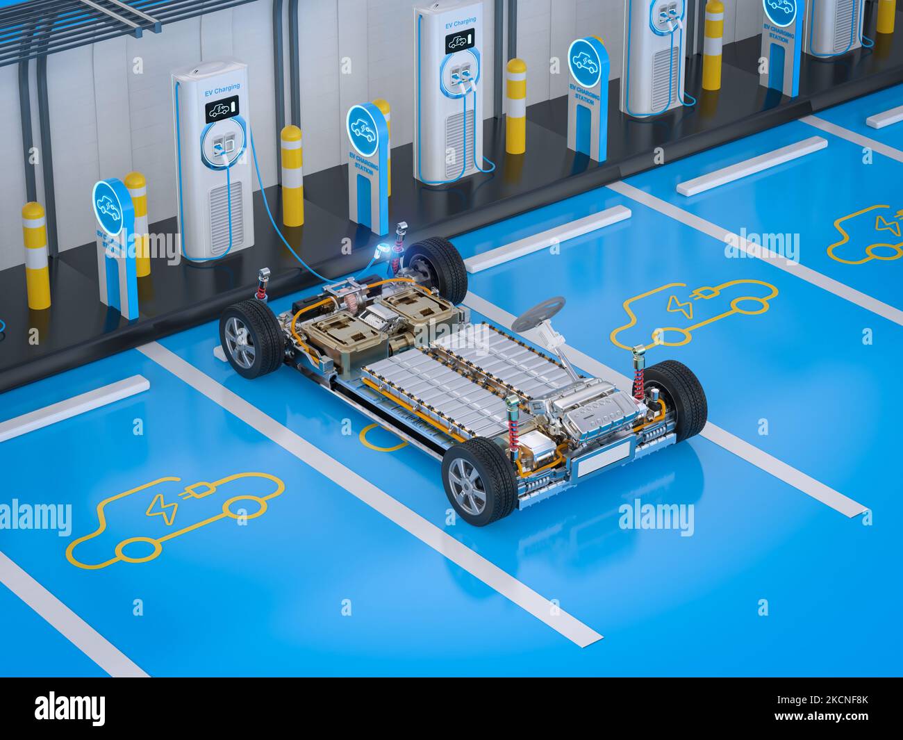 3d rendering electric car battery plug in with ev charging station