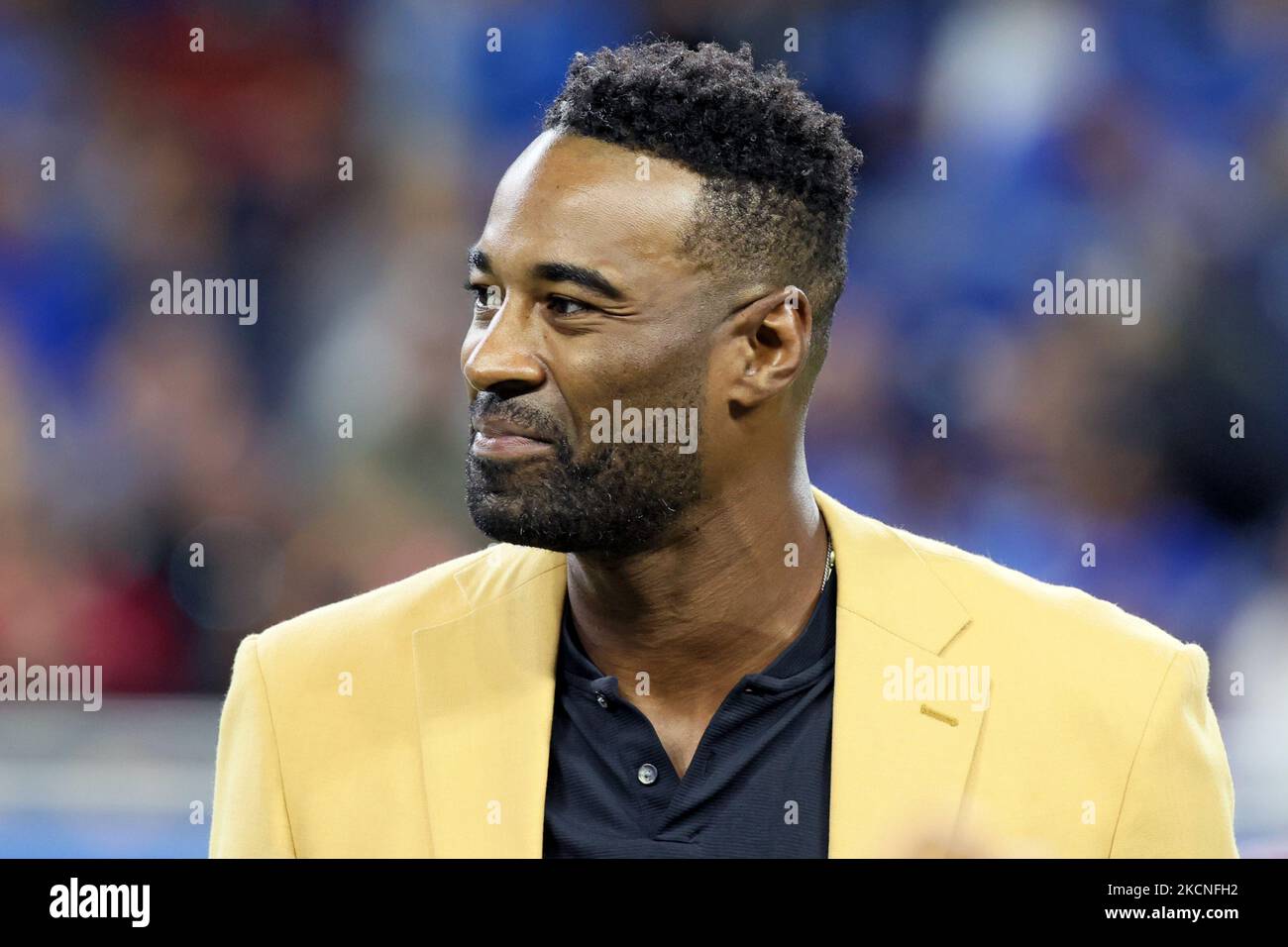 Former Detroit Lions wide receiver Calvin Johnson, Jr., “Megatron”, is honored after his recent induction into the Hall of Fame during a special ceremony during halftime of an NFL football game between the Detroit Lions and the Baltimore Ravens in Detroit, Michigan USA, on Sunday, September 26, 2021. (Photo by Amy Lemus/NurPhoto) Stock Photo