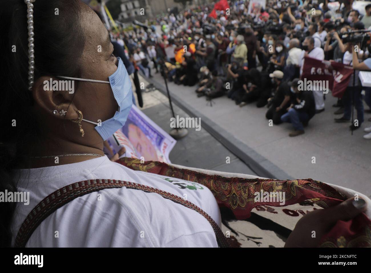 Mothers and fathers of the 43 missing students from Ayotzinapa, Guerrero, held a rally in the Zócalo in Mexico City to demand justice and punishment for those responsible for this event, which is seven years after its perpetration on 26 September 2014. (Photo by Gerardo Vieyra/NurPhoto) Stock Photo