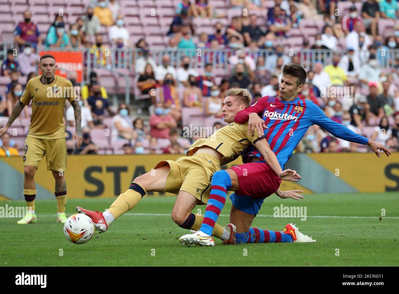 Gerard Pique and Pablo Martinez during the match between FC Barcelona and Levante UD, corresponding to the week 7 of the Liga Santander, played at the Camp Nou Stadium, on26th September 2021, in Barcelona, Spain. -- (Photo by Urbanandsport/NurPhoto) Stock Photo